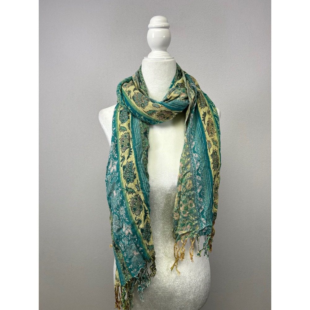 Boho Gold Coast Womens OS Teal Green Paisley Viscose‎ Fringe Scarf Shawl Wrap